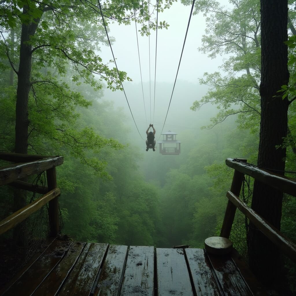 Zipline rider amidst old-growth forest in a misty morning near Marshall, North Carolina, with rain droplets on leaves and a distant treehouse deck reachable by a treetop wooden walkway