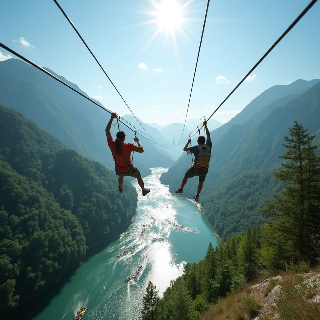 Two riders racing on dual ziplines over Nantahala Gorge with mountain ridges and whitewater rafters in the background, Bryson City, North Carolina.