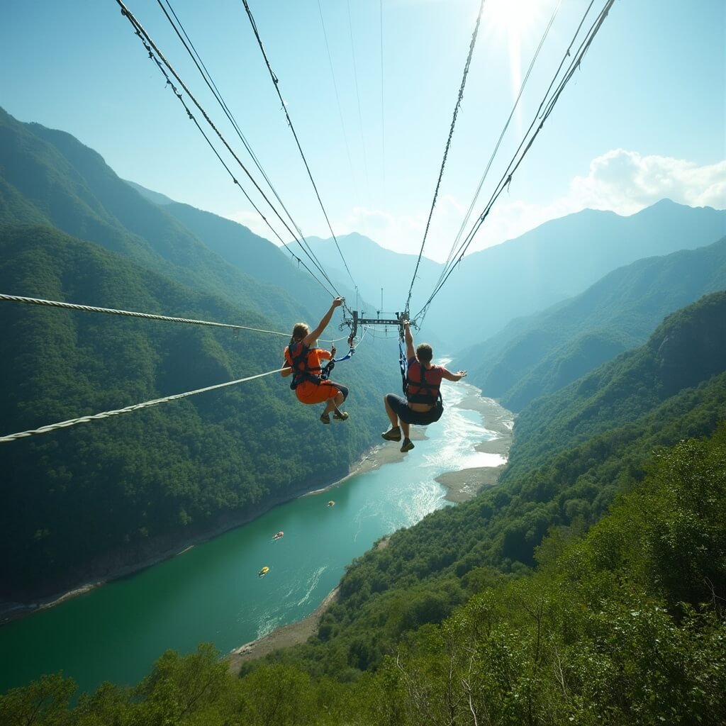 Two riders racing on dual ziplines over Nantahala Gorge with whitewater rafters and mountain ridges in the background, Bryson City, North Carolina