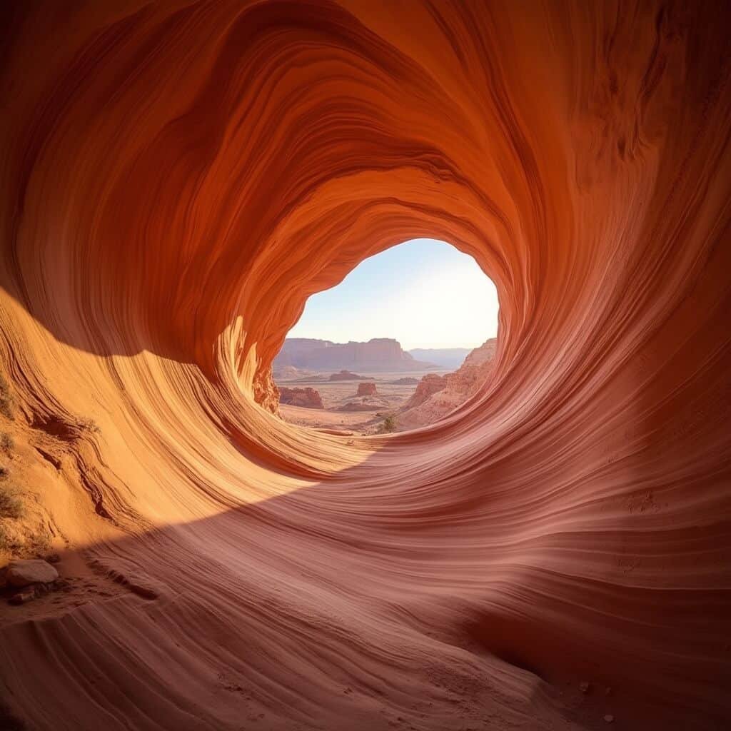 Wide-angle shot of The Wave sandstone formation in Arizona during golden hour with sunlight highlighting the colorful striated rock bands, low angle view emphasizing the dramatic natural composition and texture.
