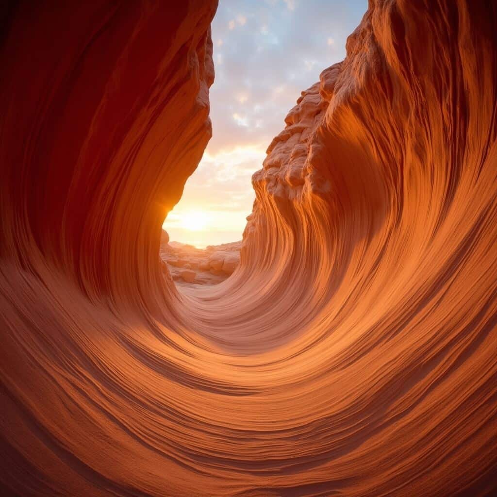 Warm sunlight illuminating the undulating sandstone formation of The Wave, Coyote Buttes North, Arizona, at golden hour, emphasizing the texture and curved lines of the striated rock bands