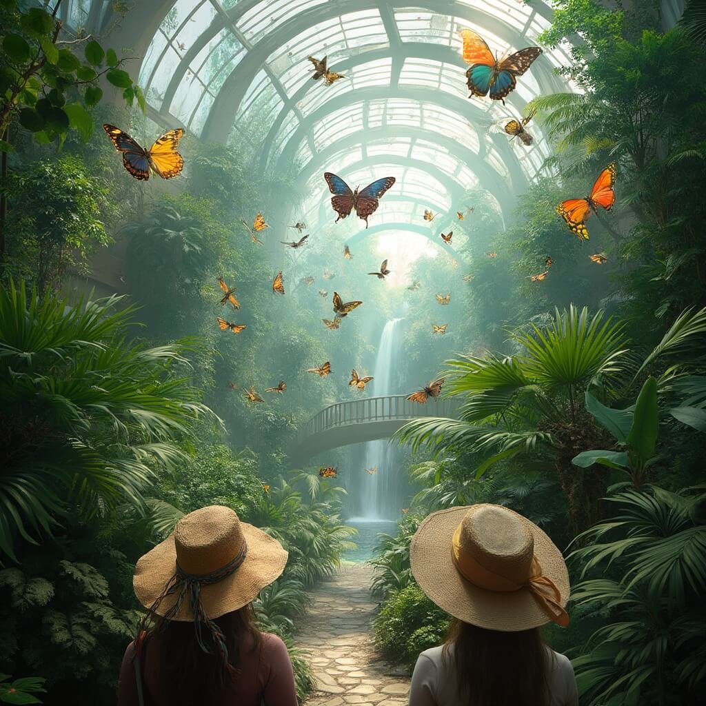 Visitors marveling at flying butterflies in the lush, humid main atrium of Butterfly Wonderland with a stone path, waterfall, and glass dome