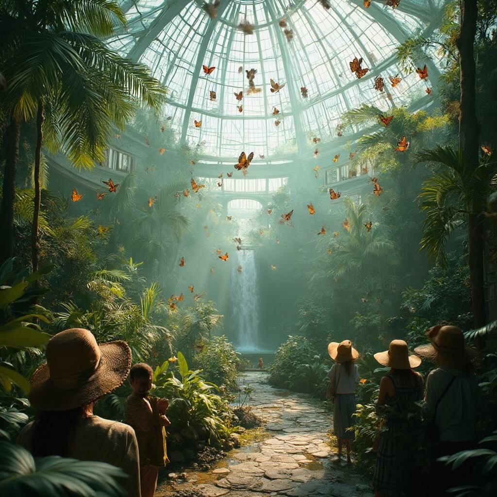 Visitors marveling at colorful butterflies in the lush, humid atrium of Butterfly Wonderland with a waterfall in the background, lit by natural diffused light.