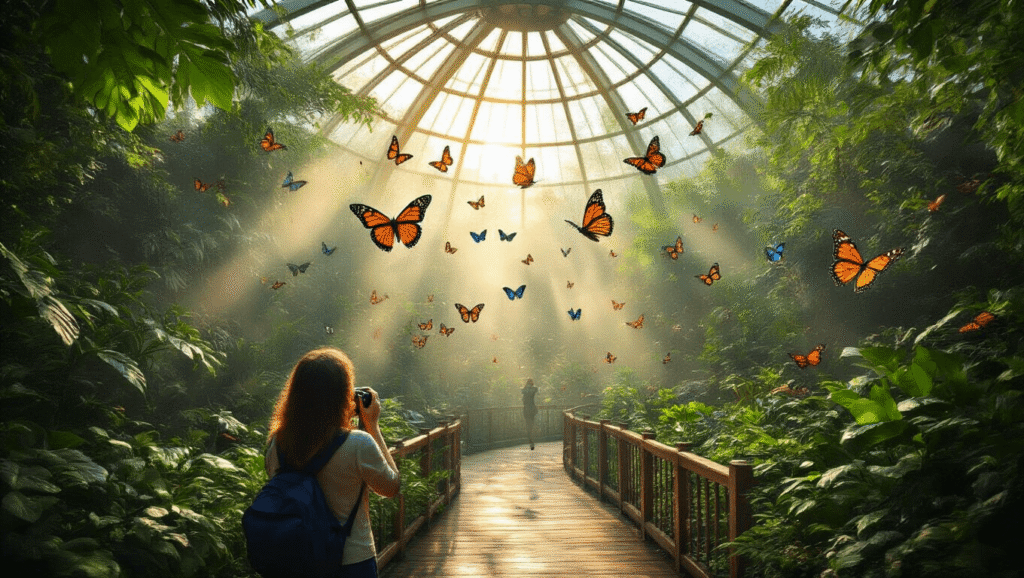 Is Butterfly Wonderland Worth the Ticket Price? "Visitor marveling at free-flying butterflies in the lush, sunlit Butterfly Wonderland conservatory in Scottsdale, Arizona, captured through a shallow depth of field with a 35mm lens"