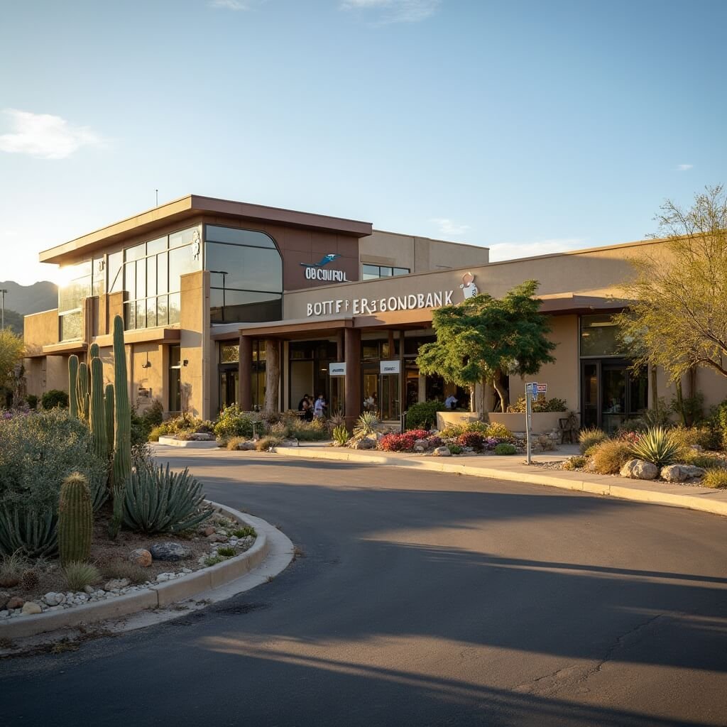 Early morning at Arizona Boardwalk with the entrance to Butterfly Wonderland, modern glass and stucco building, clear desert sky, saguaro cacti and desert landscaping, OdySea Aquarium sign, and nearly empty parking lot with long shadows.