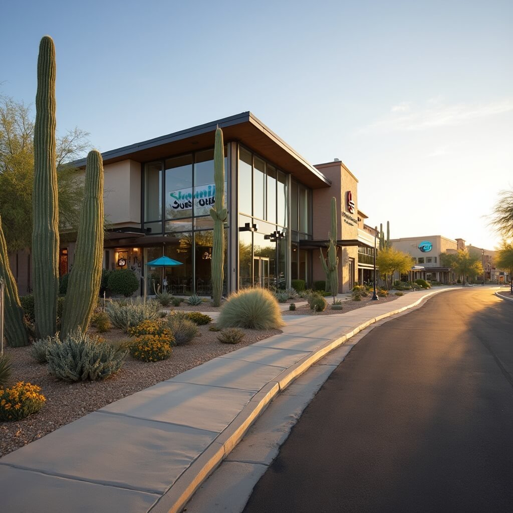 Early morning view of Butterfly Wonderland entrance at Arizona Boardwalk, contrasting modern architecture against clear desert sky, with saguaro cacti and desert landscaping in foreground, OdySea Aquarium sign nearby, and long shadows cast over an almost empty parking lot.