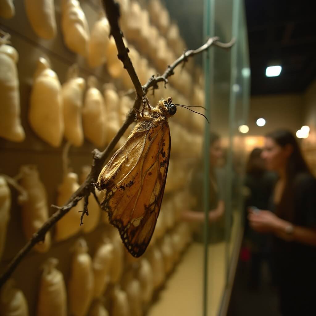 Freshly emerged butterfly clings to twig in foreground at the Emergence Gallery in Butterfly Wonderland with rows of hanging chrysalises softly lit in background.