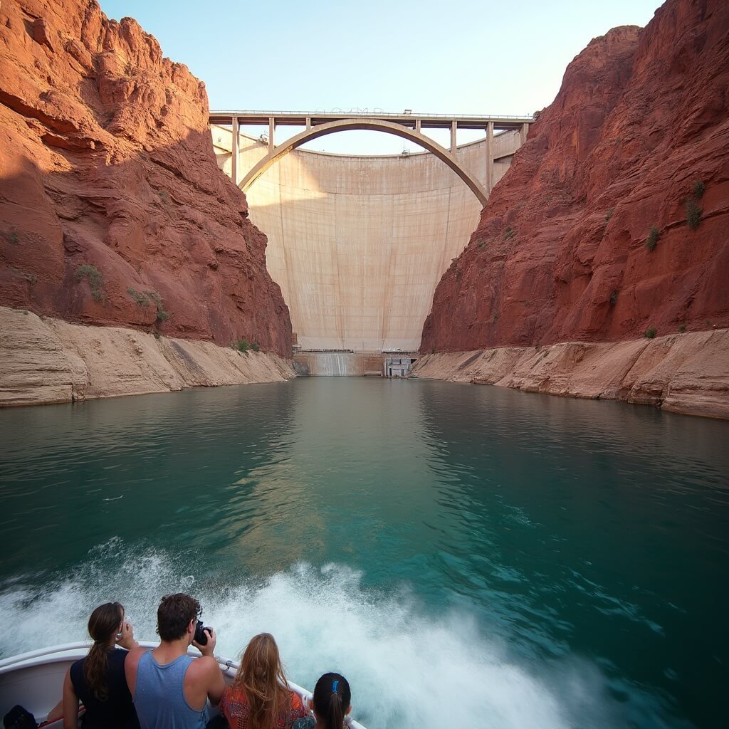 Tourists on a scenic tour boat approaching Glen Canyon Dam on Lake Powell during a sunny morning, surrounded by towering sandstone cliffs and turquoise waters