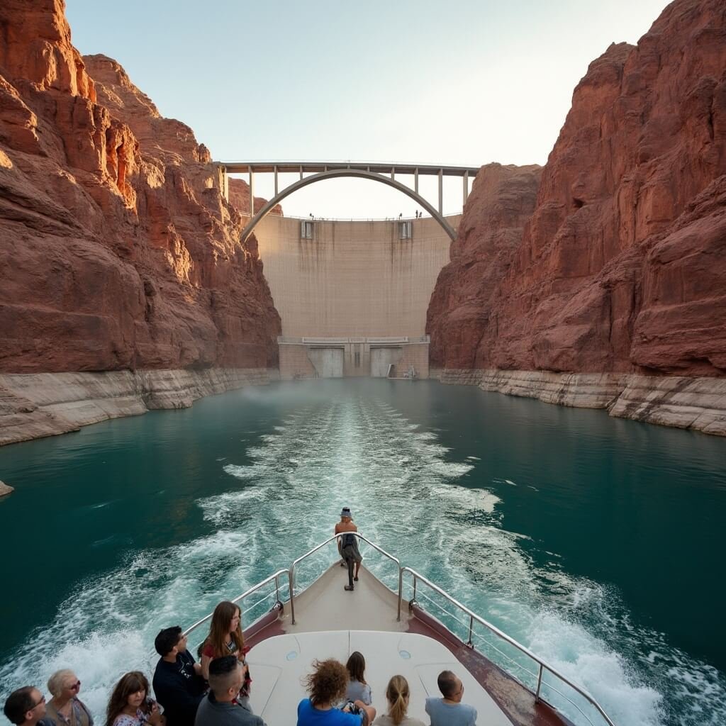 Tour boat approaching Glen Canyon Dam on Lake Powell at morning light, surrounded by towering sandstone cliffs, with tourists taking pictures from the deck