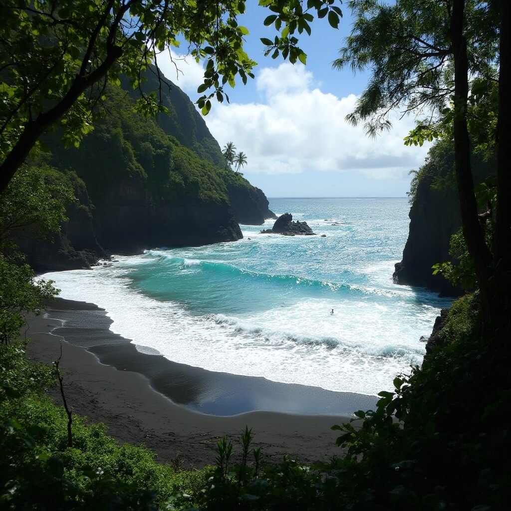 Midday at Hanakapi'ai Beach with turquoise waves on dark volcanic sand, framed by steep green cliffs and jungle foliage, hikers in the distance, and contrast between calm tidepools and whitewater waves