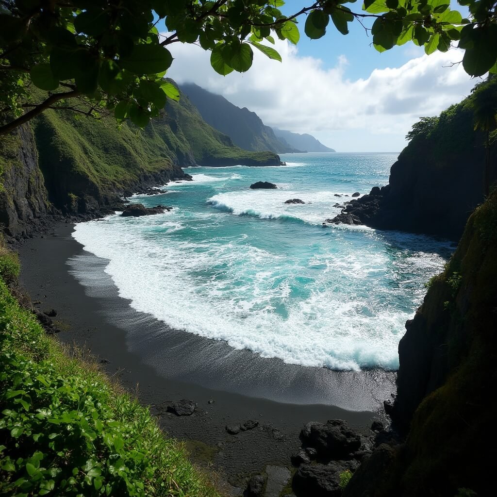 Hikers at Hanakapi'ai Beach with turquoise surf, dark volcanic sand, and green cliffs, framed by jungle foliage midday
