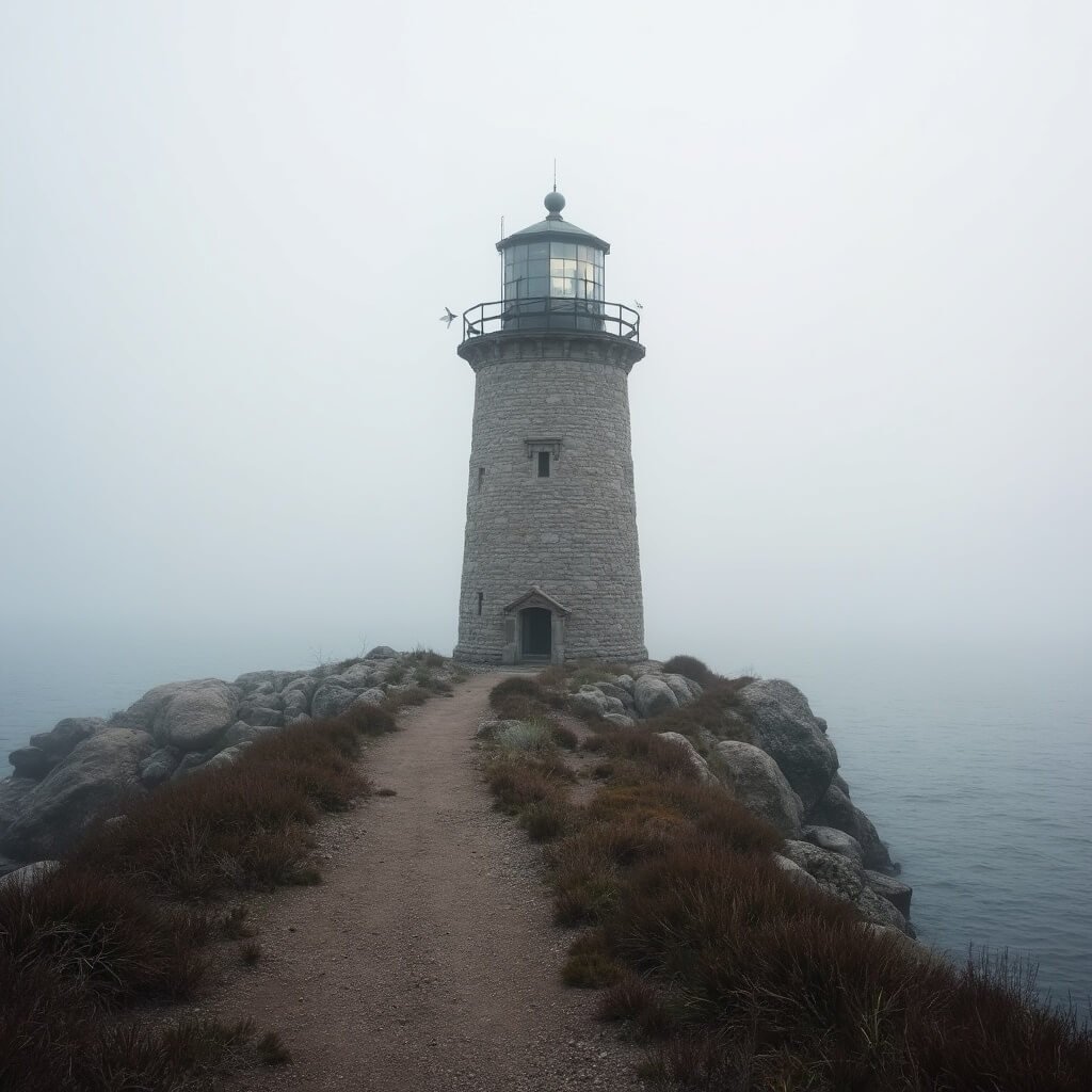 19th-century Canadian imperial stone lighthouse on Lake Huron's rocky headland in early morning fog with a narrow path leading to it