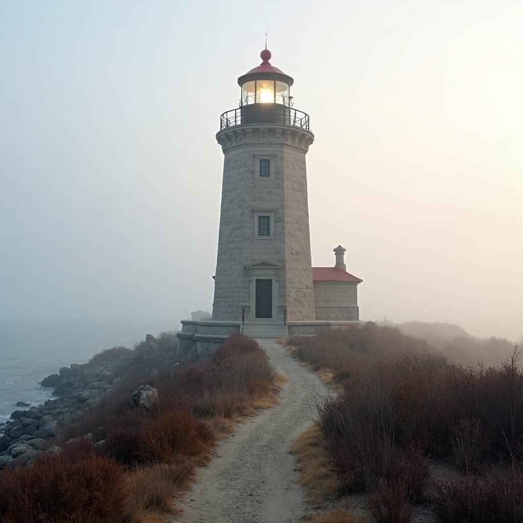 19th-century imperial stone lighthouse on a rocky headland of Lake Huron in Canada, surrounded by morning fog and low shrubs, with a dirt path leading to it.