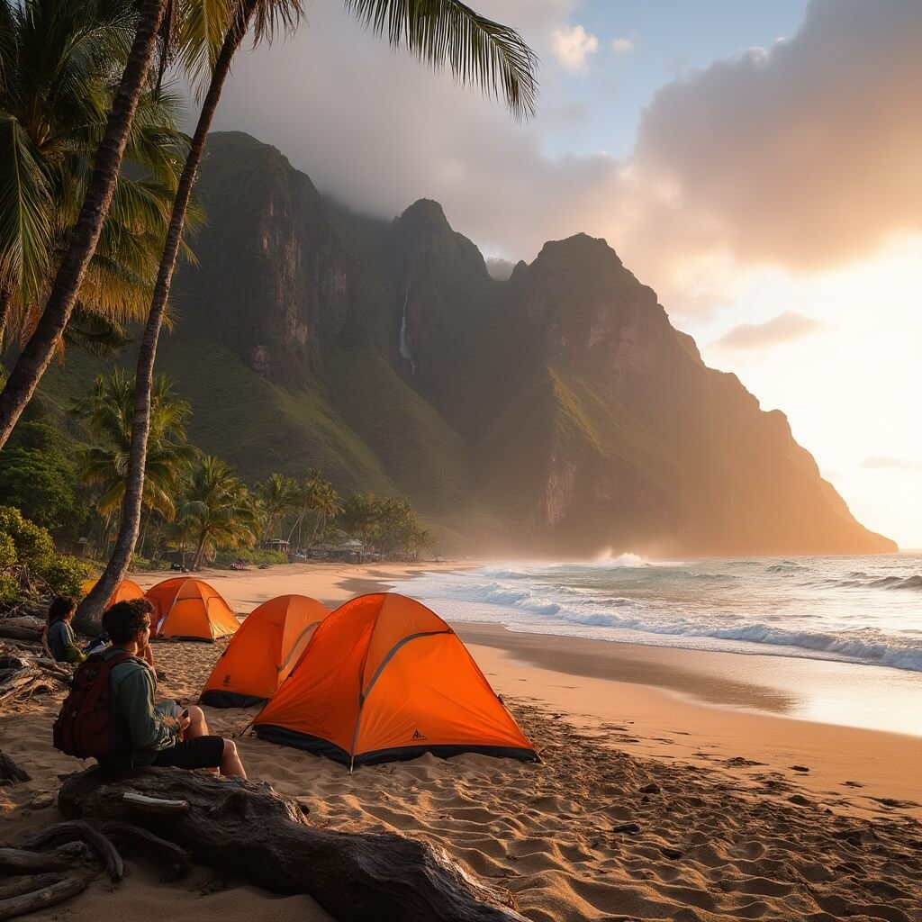 Backpacker sitting by pitched tents under tall palms on Kalalau Beach, golden sand stretching towards fluted cliffs with waterfalls, bathed in warm orange and pink hues from the setting sun.