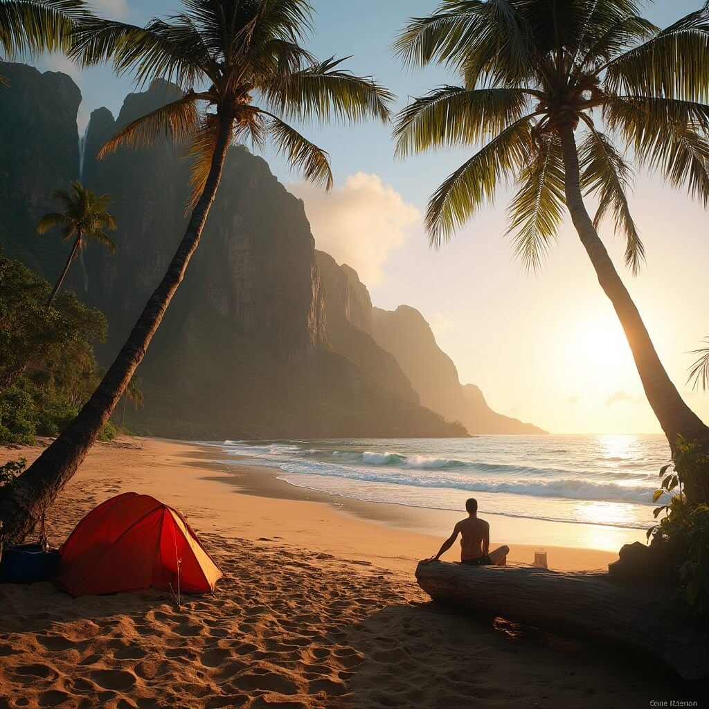 Backpacker sitting near a driftwood at Kalalau Beach with tents under palm trees, golden sand, and fluted cliffs with waterfalls, bathed in late afternoon light.