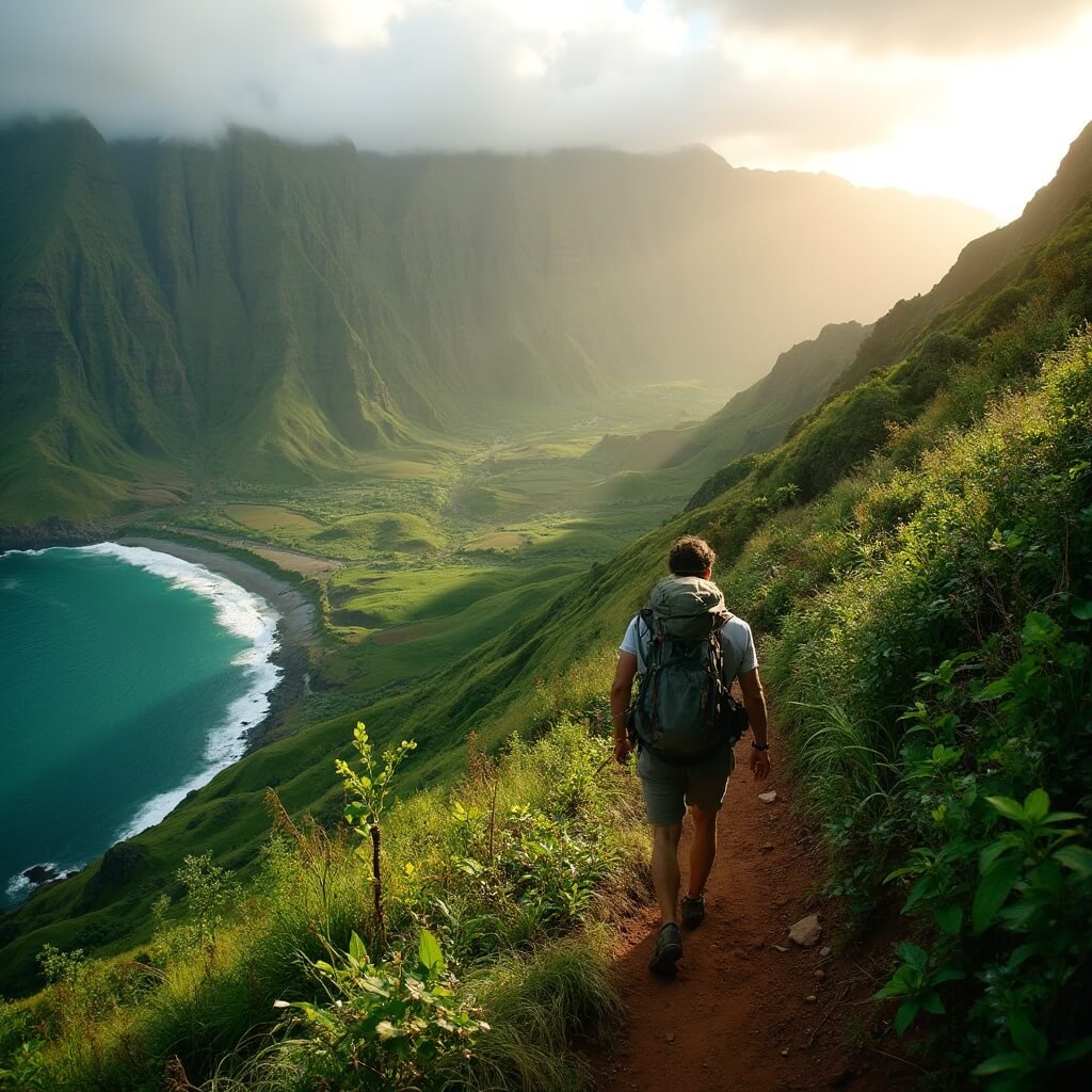 Hiker navigating the Kalalau Trail on green cliffside with Nāpali Coast mountains and turquoise ocean in background during golden hour