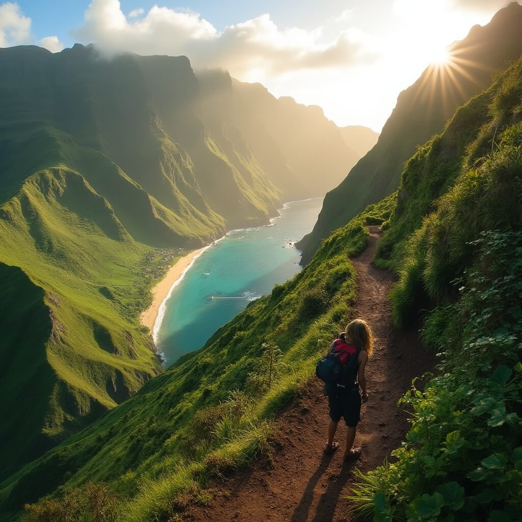 Lone hiker traversing a narrow path on the steep Kalalau Trail near Keʻe Beach at golden hour, with emerald mountains of the Nāpali Coast and turquoise ocean in the background