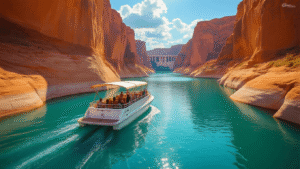 "Tour boat cruising on turquoise Lake Powell, surrounded by towering Navajo sandstone cliffs, under a cloud-speckled blue sky, Glen Canyon Dam visible in the distance, captured in a National Geographic style photograph."
