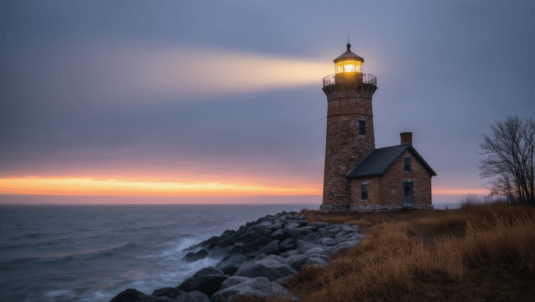 "Brick and stone lighthouse on a rocky Great Lakes point at dusk, with glowing beam cutting through fog, stormy water, dramatic twilight sky, keeper's house, autumn shoreline with wind-bent grass, and long exposure beacon light trail in a cinematic photography style."