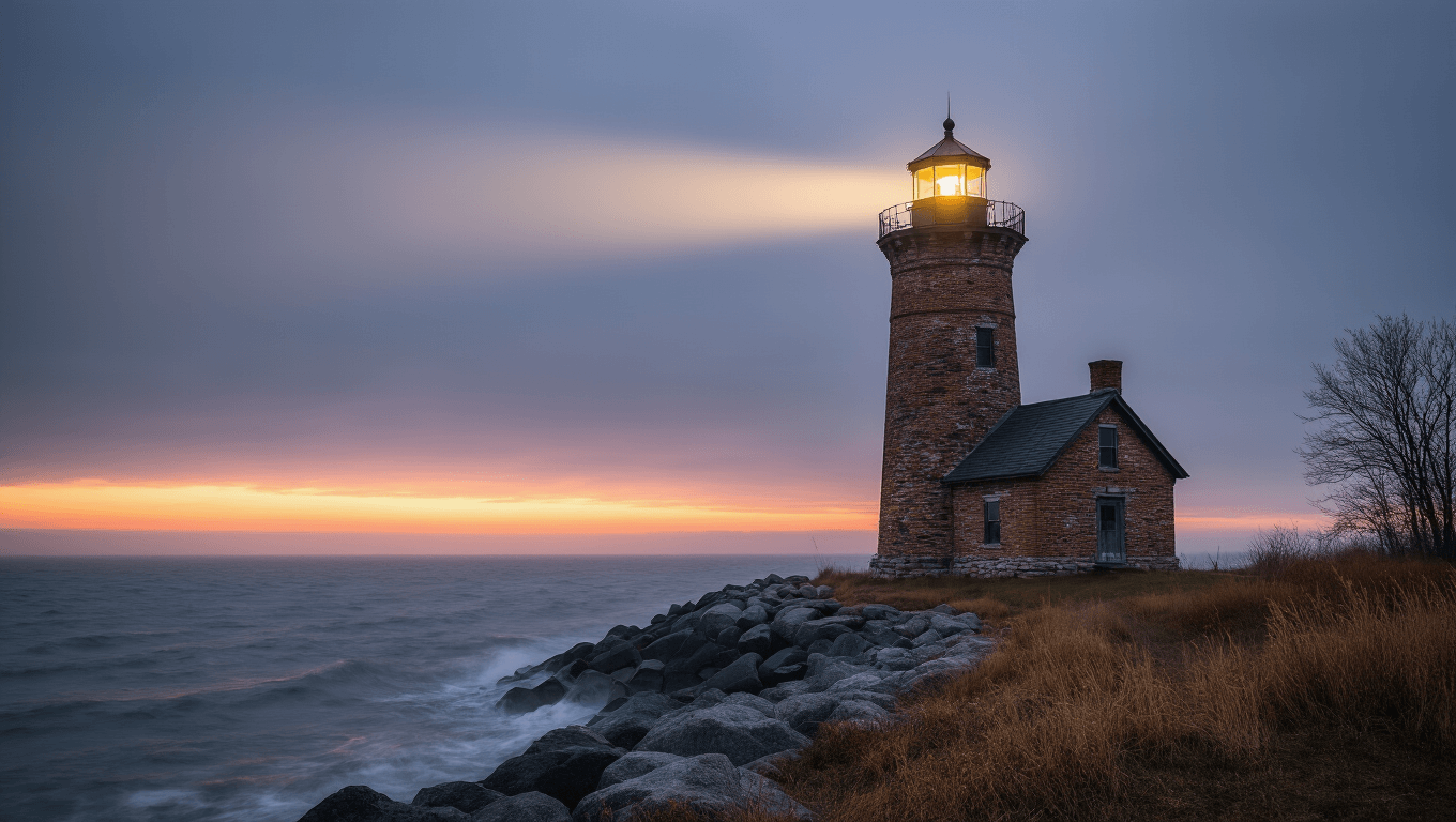 "Brick and stone lighthouse on a rocky Great Lakes point at dusk, with glowing beam cutting through fog, stormy water, dramatic twilight sky, keeper's house, autumn shoreline with wind-bent grass, and long exposure beacon light trail in a cinematic photography style."