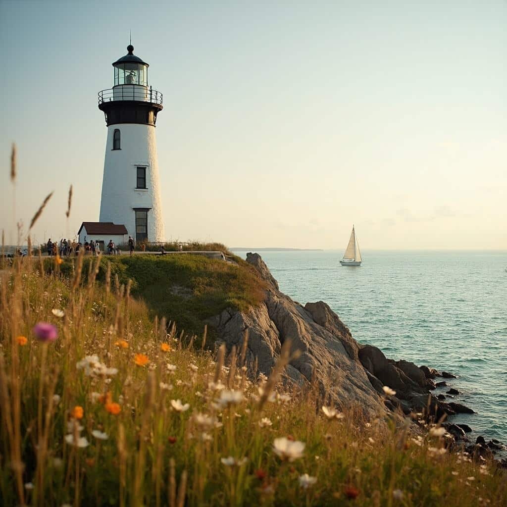 Marblehead Lighthouse in Ohio during golden hour with sailboats on Lake Erie and visitors strolling on rocky path