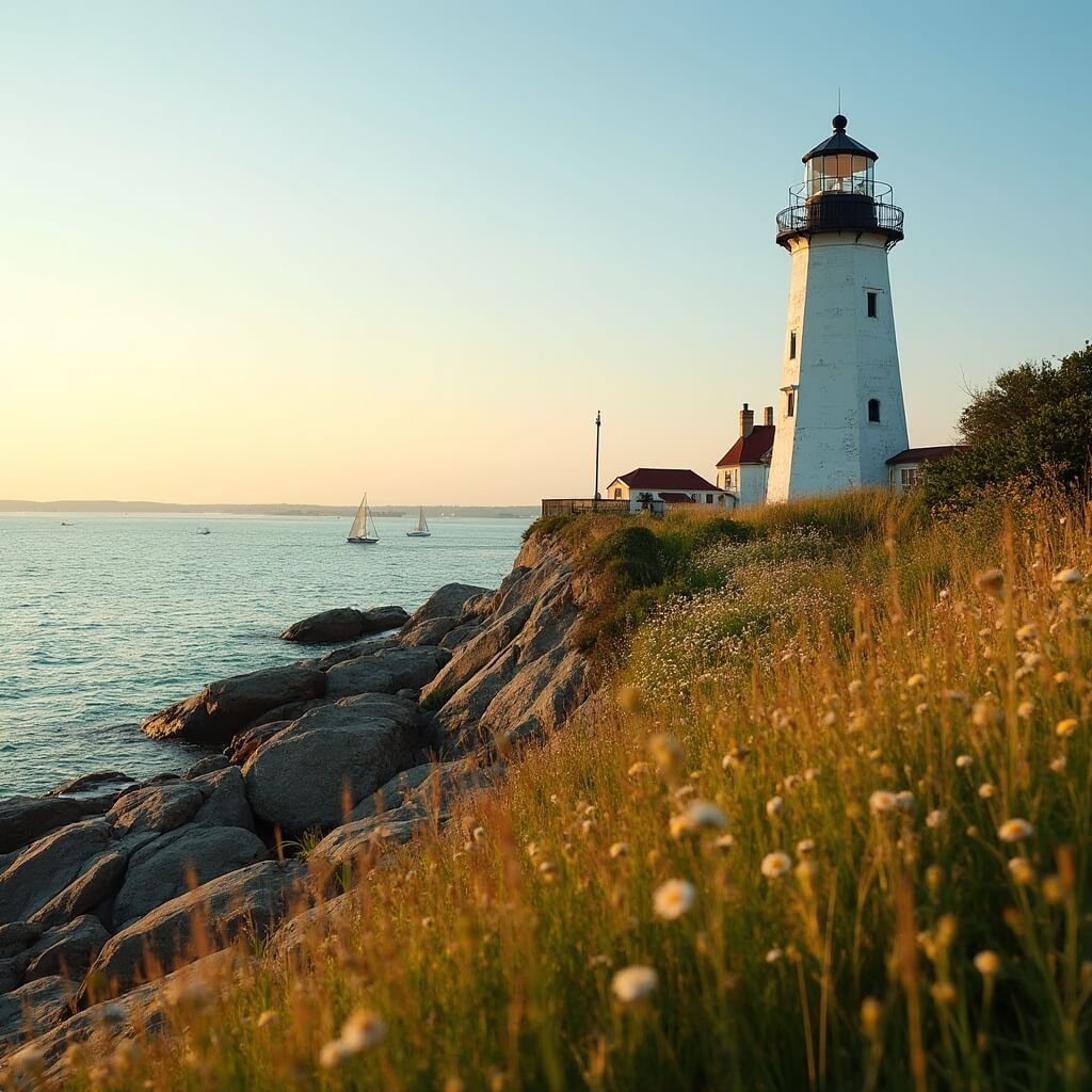 Marblehead Lighthouse in Ohio during golden-hour sunlight with tall grass, wildflowers, sailboats on calm Lake Erie, and visitors strolling on rocky shoreline path in foreground and background