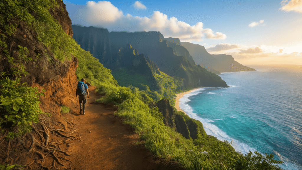 Hiking the Kalalau Trail: What You Need to Know Before You Go "Lone hiker on Kalalau Trail at golden hour, Nāpali Coast, Kauai, with emerald cliffs, turquoise Pacific waves, tropical foliage, distant waterfalls, and sunset-lit ridges".