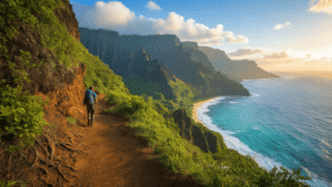 "Lone hiker on Kalalau Trail at golden hour, Nāpali Coast, Kauai, with emerald cliffs, turquoise Pacific waves, tropical foliage, distant waterfalls, and sunset-lit ridges".