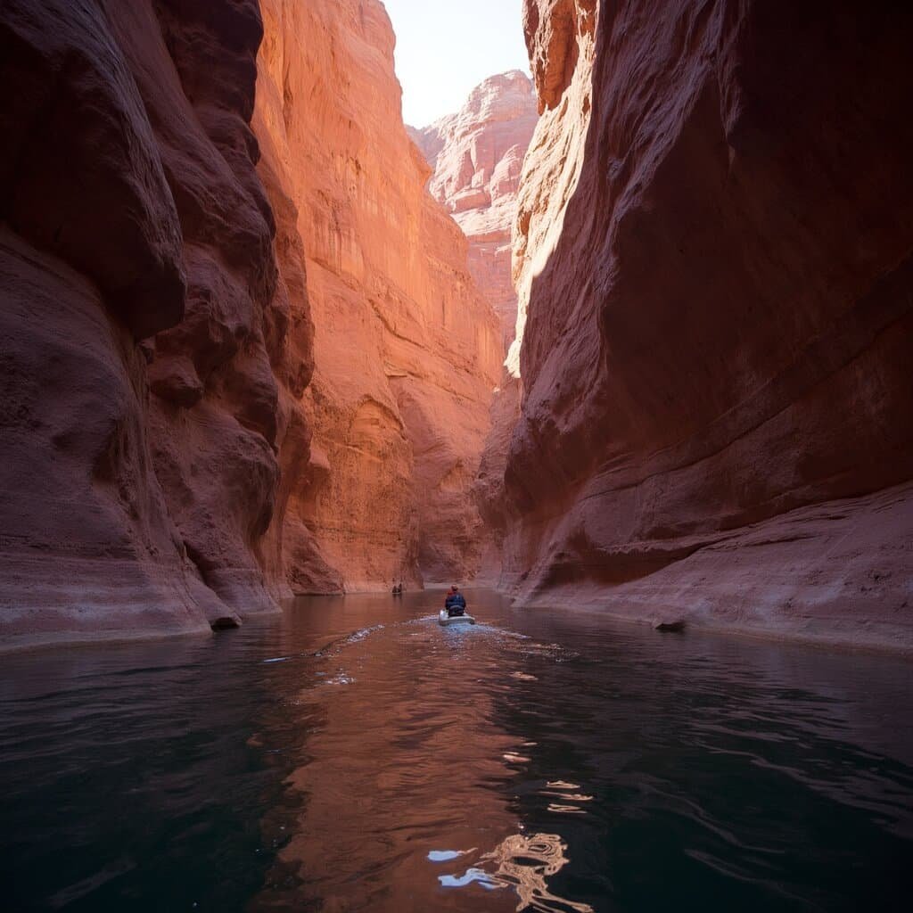 Tour boat exploring the narrowing Navajo Canyon on Lake Powell with the afternoon sun casting a warm glow on the orange and purple sandstone walls, mirrored in the still water