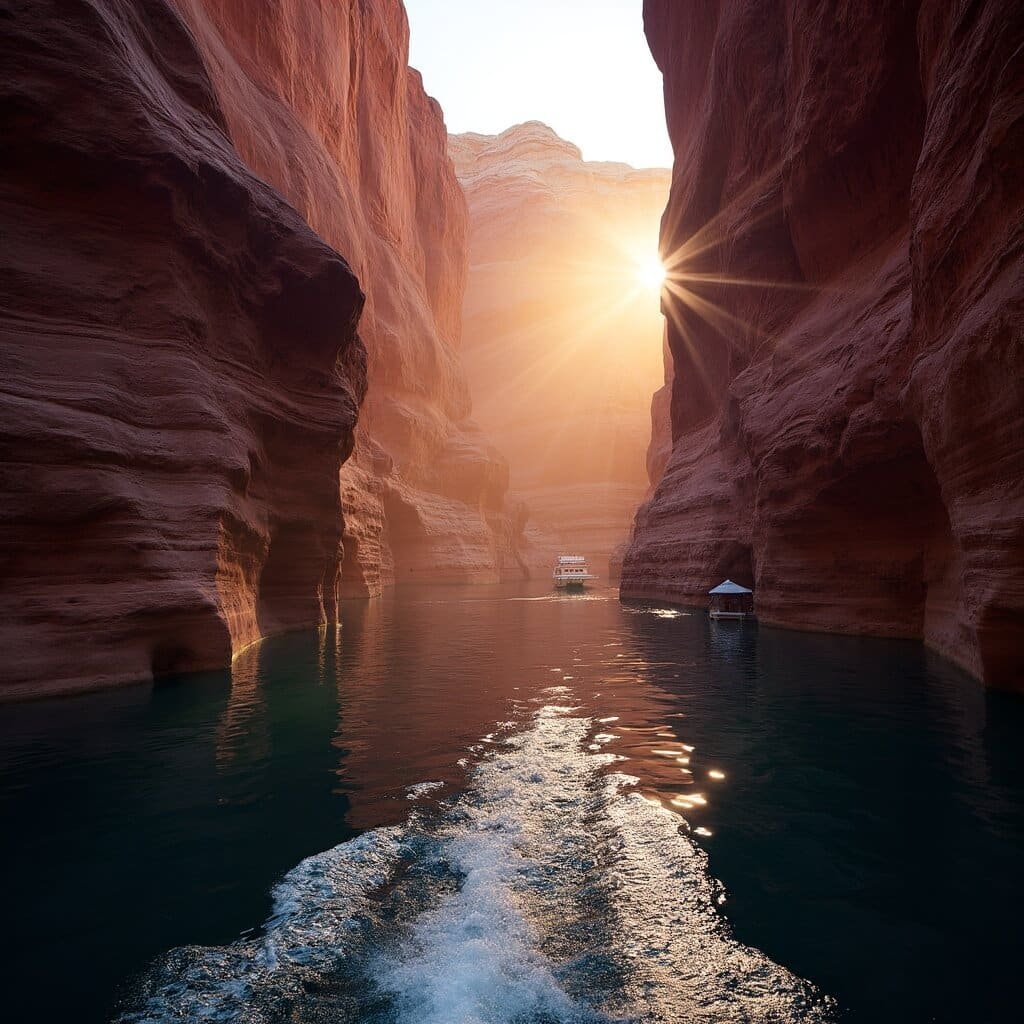 Late afternoon sun shining on the orange, red, and purple tinted walls of Navajo Canyon on Lake Powell, reflected on the smooth glassy water from a tour boat, with a distant kayaker providing scale.
