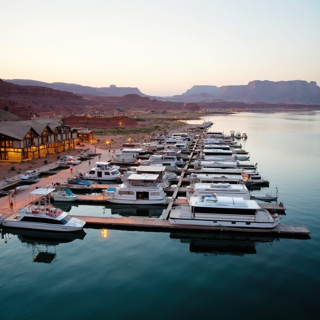 Early morning at Wahweap Marina on Lake Powell with houseboats docked, sun rising over distant mesas, and Lake Powell Resort in the background