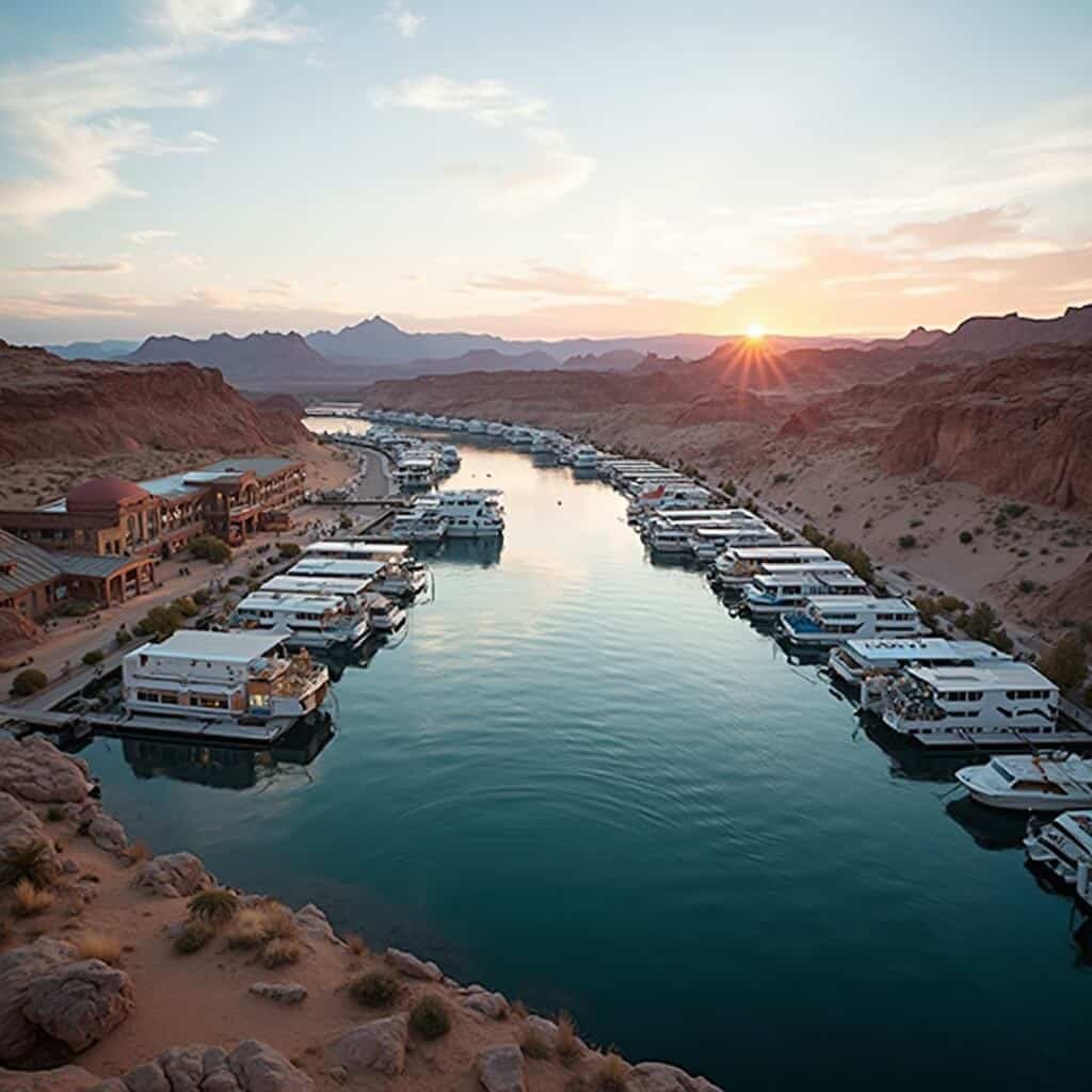 Early morning at Wahweap Marina on Lake Powell, with houseboats docked, travelers walking to piers, Lake Powell Resort in the background, all under a pastel sky.