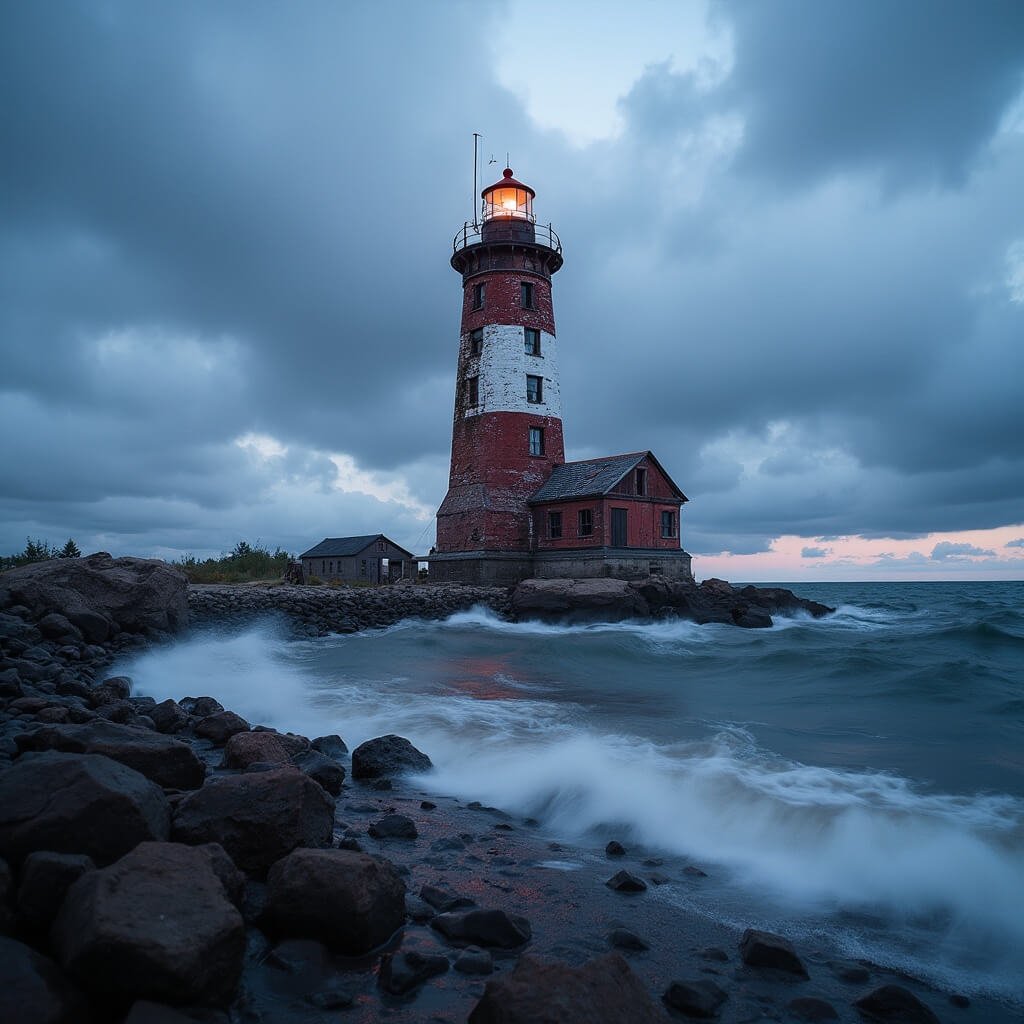 Dramatic dusk view of a weathered red-and-white brick lighthouse at Whitefish Point on Lake Superior's rocky shoreline, with choppy water and rolling grey clouds, emphasizing the isolation of the 'Graveyard of the Superior'