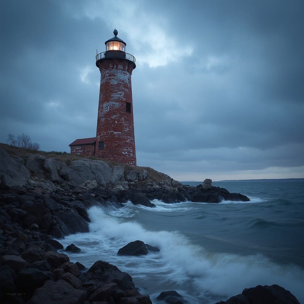 Dramatic image of the weathered red-and-white lighthouse at Whitefish Point against a backdrop of moody grey clouds, with choppy waters and rocky beach in the foreground, at dusk.