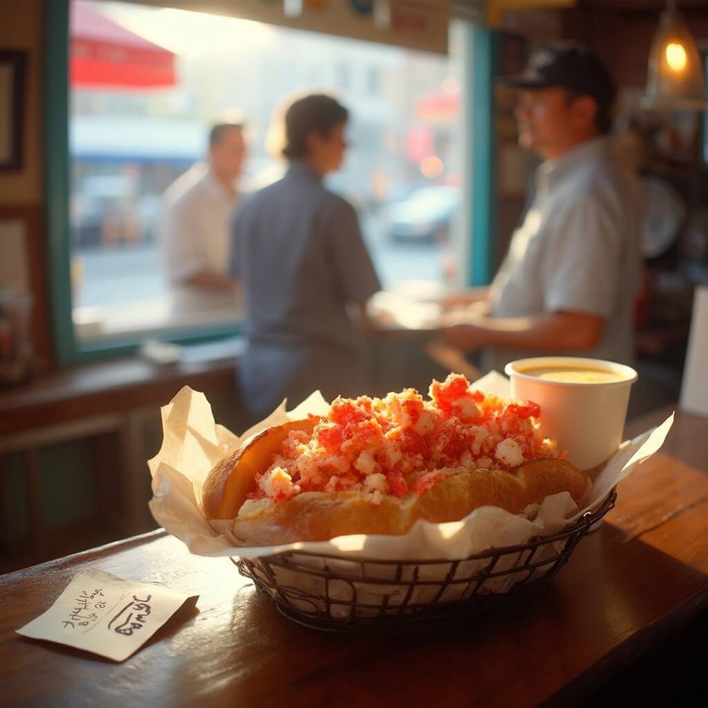 Eating Lobster in Bar Harbor: Where to Go and What to Order Lobster roll on a toasted bun next to a cup of chowder in a small shop in downtown Bar Harbor, with midday light streaming in and customers waiting in line in the background