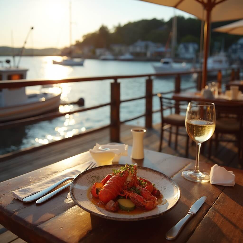 Restaurant deck at golden hour in Bar Harbor serving lobster dinner, with view over calm water filled with sailboats and lobster boats, pine hills in the background