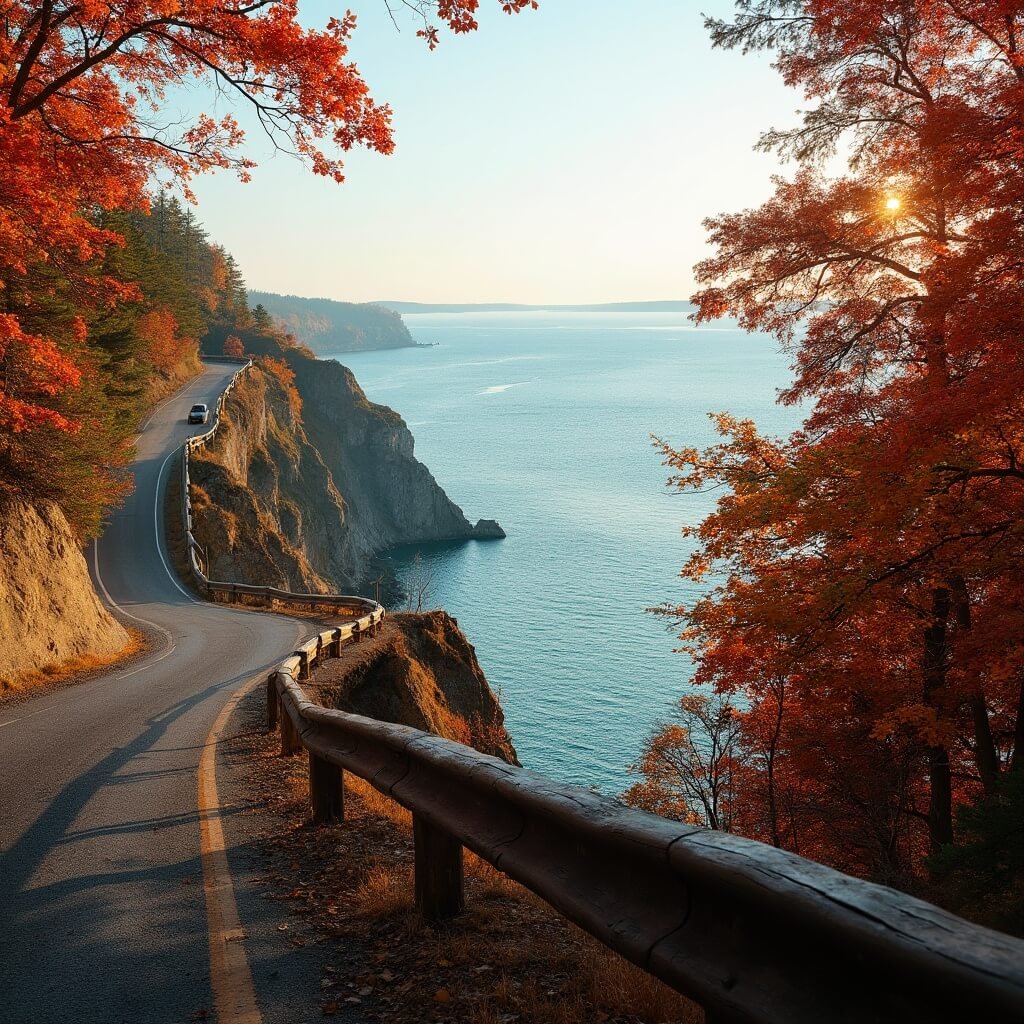 Scenic overlook on a bluff road above Lake Michigan with weathered wooden guardrail, vibrant autumn foliage, and an empty car on a gravel shoulder, illuminated by early morning light