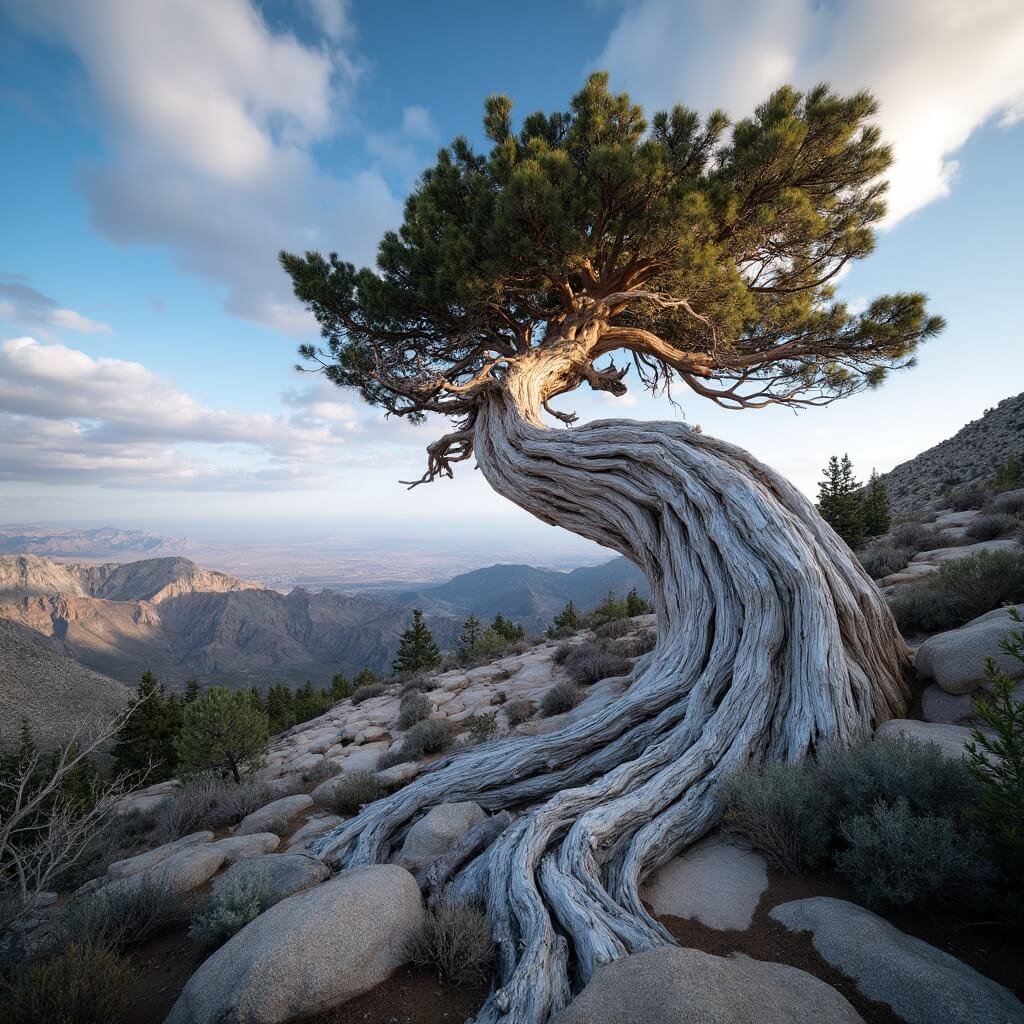 Low-angle view of the largest bristlecone pine on Mount Charleston in Nevada, lit by soft morning light, with limestone outcrops and pinyon-juniper scrub in the foreground and afar Las Vegas valley haze in the distance