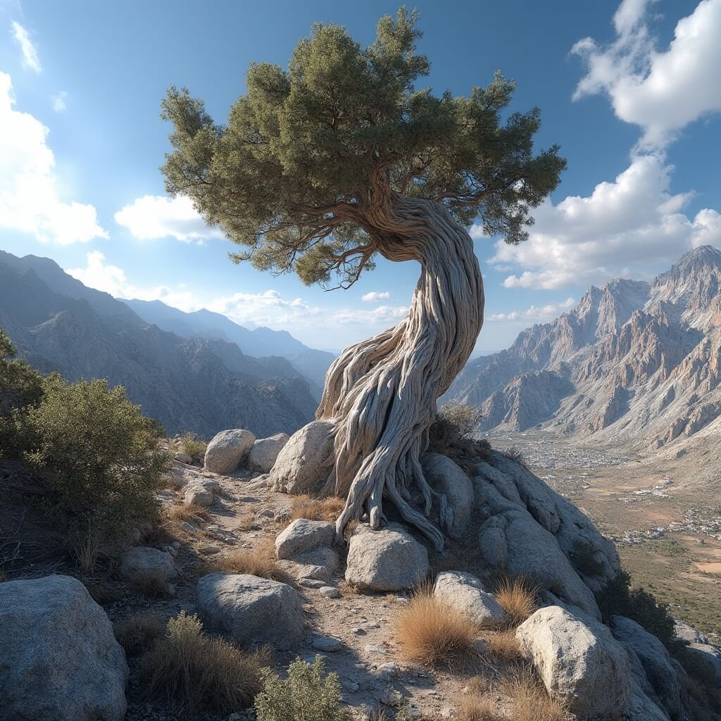 Low-angle view of large bristlecone pine with twisted trunk on Mount Charleston, Nevada, with morning light highlighting the wood grain and nearby limestone outcrops, and Las Vegas valley haze in the distance.