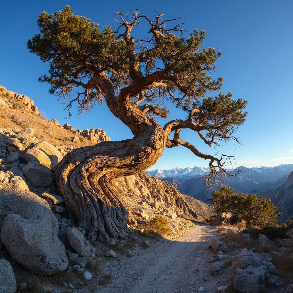 Ancient Great Basin bristlecone pine on Wheeler Peak Trail, Nevada, with its half-bare twisted trunk, sparse green needles, and deeply grained bark illuminated by golden late-afternoon light, set against a rocky slope, distant granite peaks and a trail leading to the grove.