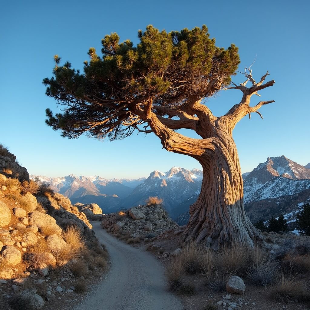 Ancient Great Basin bristlecone pine on Wheeler Peak Trail in Nevada, its trunk a mix of polished wood and sparse needles, set on a rocky slope with distant granite peaks, snow and a trail leading to a grove under a blue sky