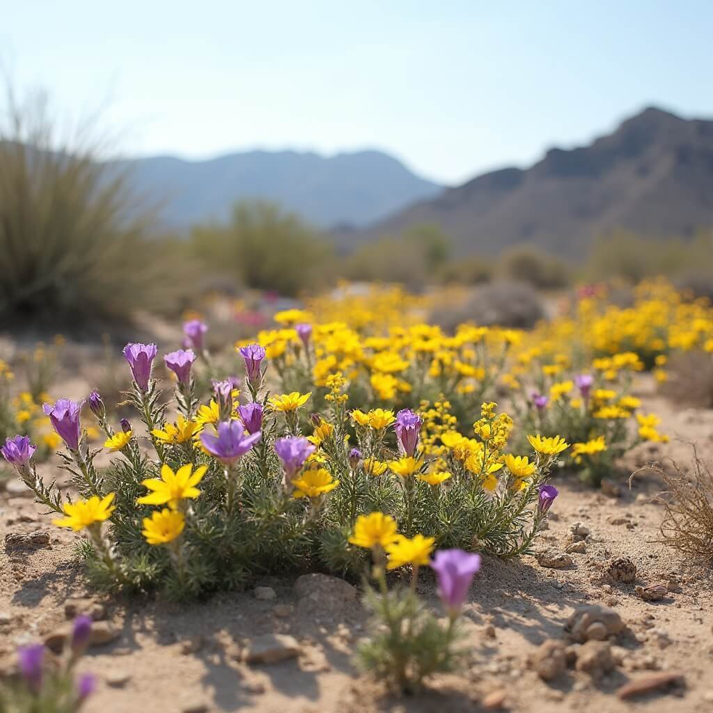 Explore Joshua Tree National Park — A Local's Guide to Planning Your Visit Vibrant desert wildflower bloom with yellow and purple flowers near Cottonwood Spring in the Colorado Desert, amidst cholla cacti and creosote bushes under a pale blue sky