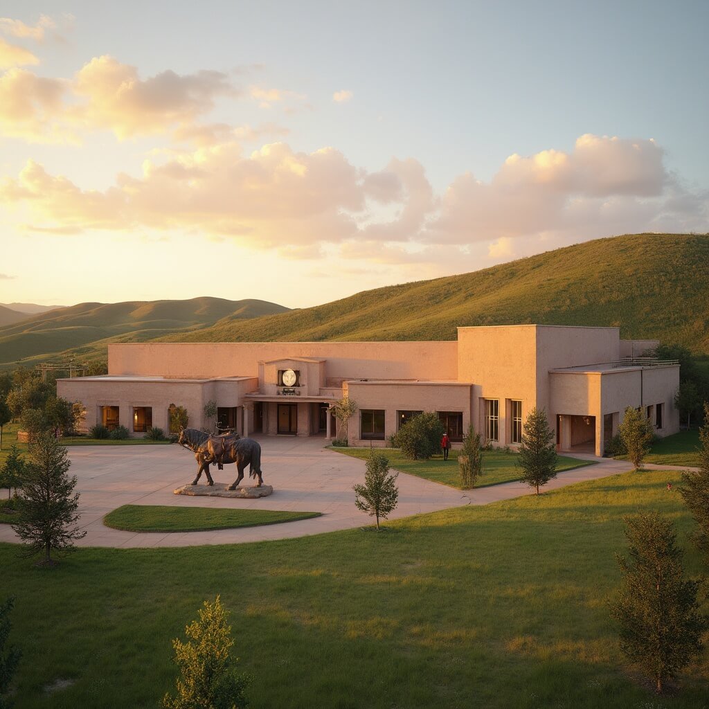 Late afternoon view of National Cowboy & Western Heritage Museum with a bronze sculpture in foreground and visitors approaching entrance