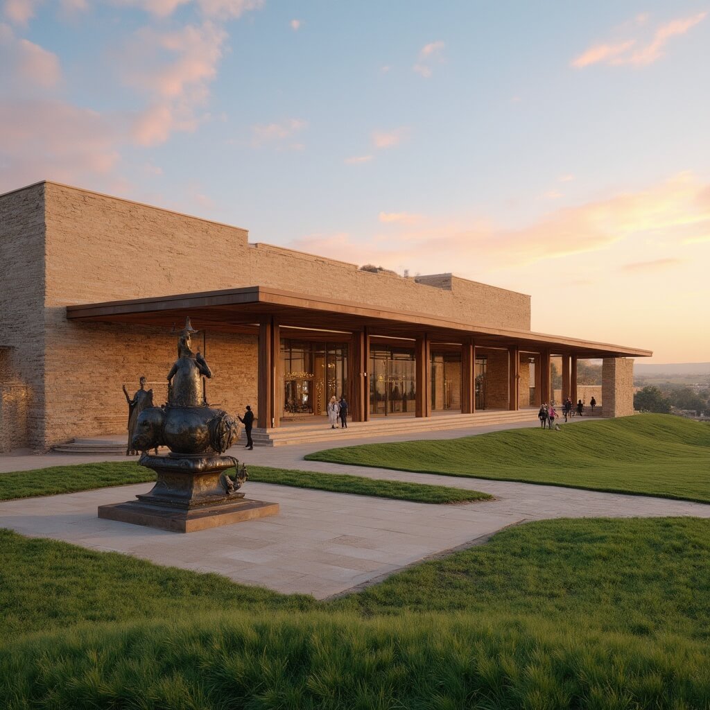 Late afternoon view of National Cowboy & Western Heritage Museum with bronze Western sculpture, visitors and scenic sky backdrop