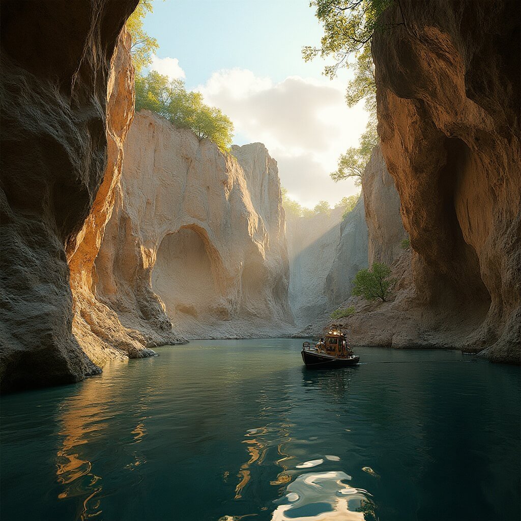 Glacially carved sandstone rock formations on Dell Creek in the Lower Dells, bathed in late afternoon light, with a Duck vehicle floating for scale, calm reflective water and overhanging greenery