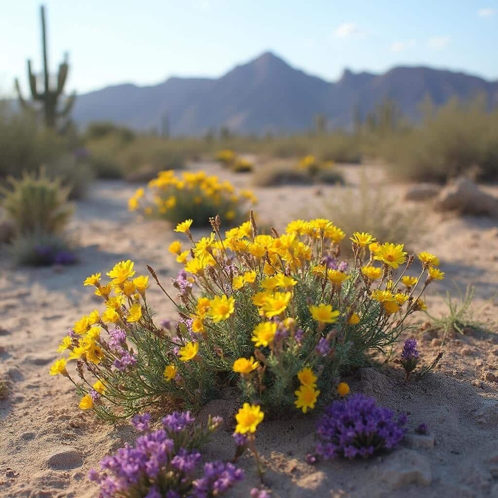 Explore Joshua Tree National Park — A Local's Guide to Planning Your Visit Vibrant wildflower bloom in the Colorado Desert with yellow and purple flowers, scattered cacti and bushes, under a pale blue sky with distant mountains