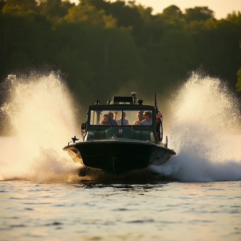 WWII-era DUKW amphibious vehicle splashing into the Wisconsin River at sunset with water spraying, passengers raising hands in excitement, and a forested riverbank in the background