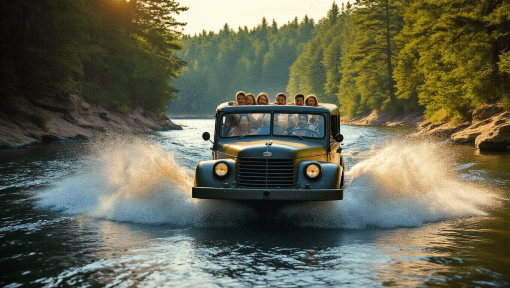 Ride the Ducks in Wisconsin Dells: Everything You Need to Know Before You Go "Vintage WWII DUKW vehicle splashing into the Wisconsin River, with excited families inside, surrounded by lush greenery and sandstone formations under warm golden-hour lighting."