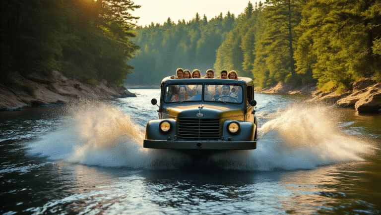 Ride the Ducks in Wisconsin Dells: Everything You Need to Know Before You Go "Vintage WWII DUKW vehicle splashing into the Wisconsin River, with excited families inside, surrounded by lush greenery and sandstone formations under warm golden-hour lighting."