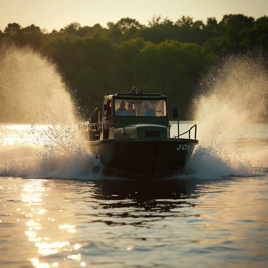 WWII-era DUKW amphibious vehicle splashing into the Wisconsin River at golden hour, with passengers raising hands and forest backdrop